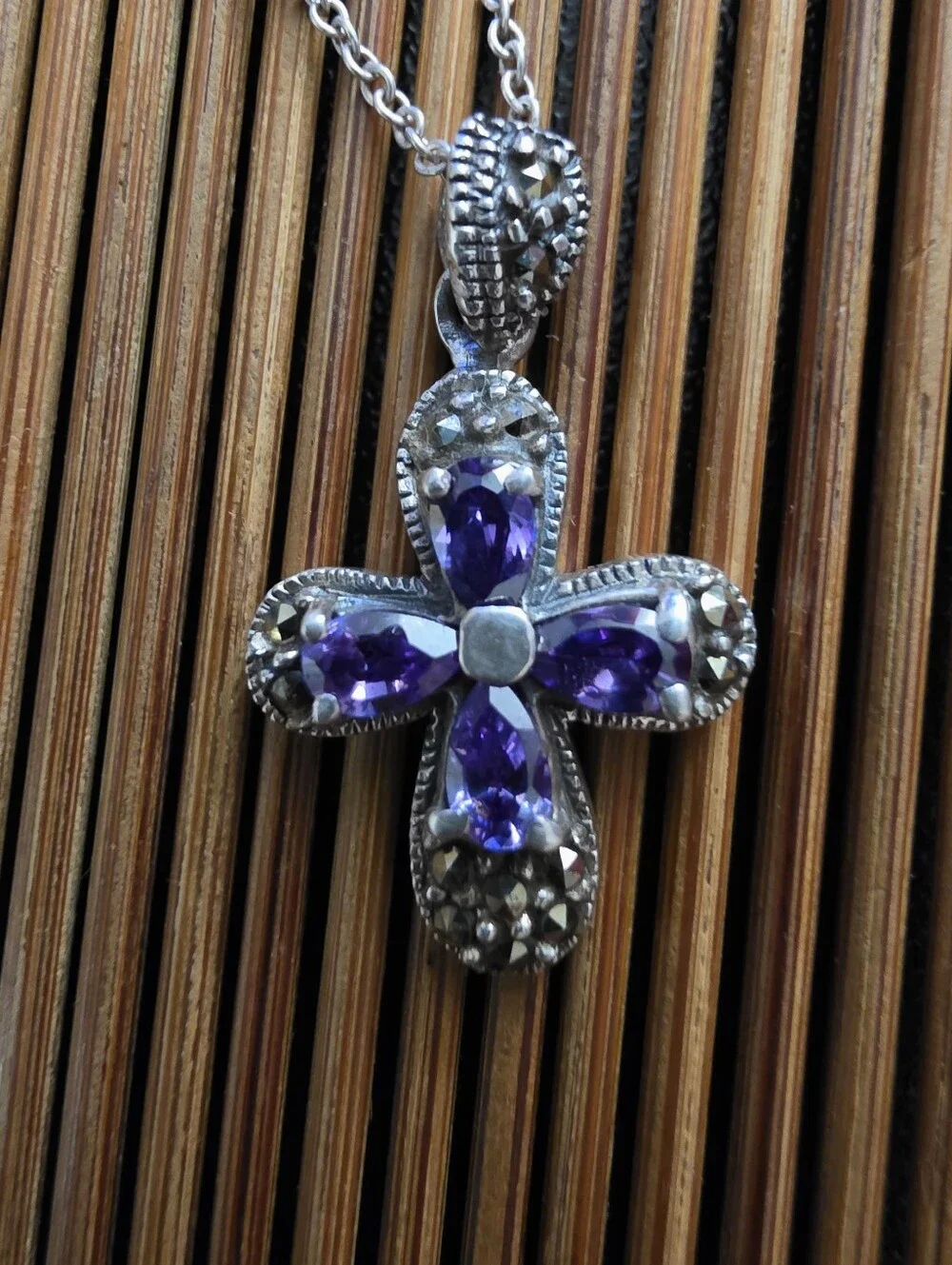 925 Silver Amethyst, Marcasite Chain Necklace (Vintage)
